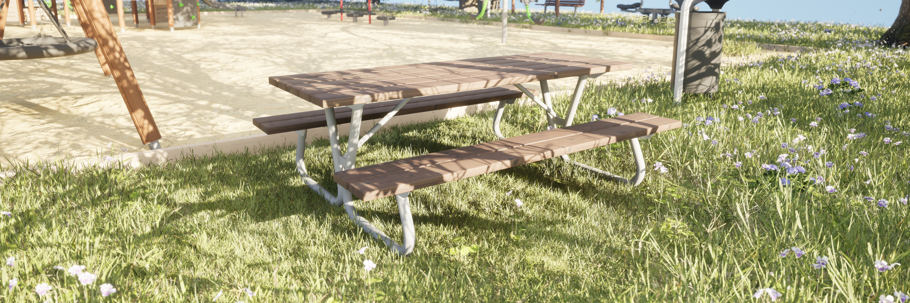 A rendered image of a recycled plastic picnic table for outdoor commercial use.